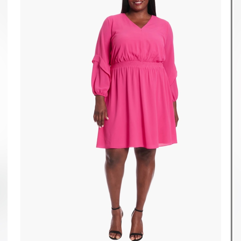London Times Pink Smocked Waist Long Sleeve